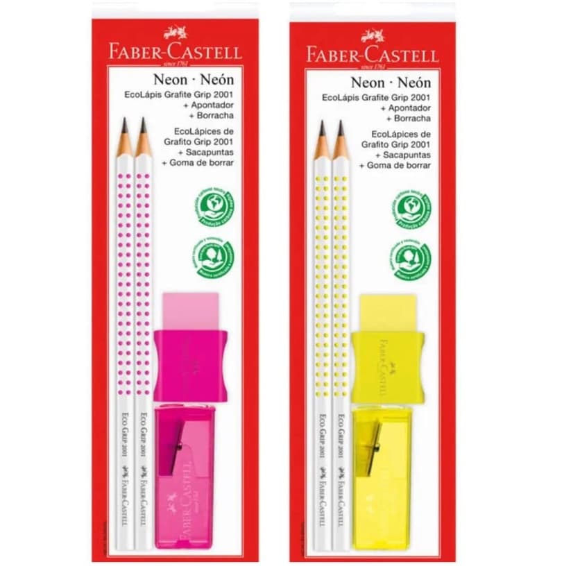 Kit Escolar Neon Faber Castell - 2 Lapis Grafite Grip + 1 Borracha + 1Apontador c/deposito