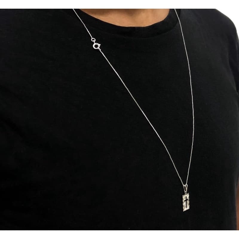 Corrente Veneziana Masculina Aço inox prateado 1mm c/ pingente plaquinha Cruz