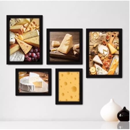 Kit Com 5 Quadros Decorativos - Queijos - Variedade de Queijos - Cozinha Capital = 39