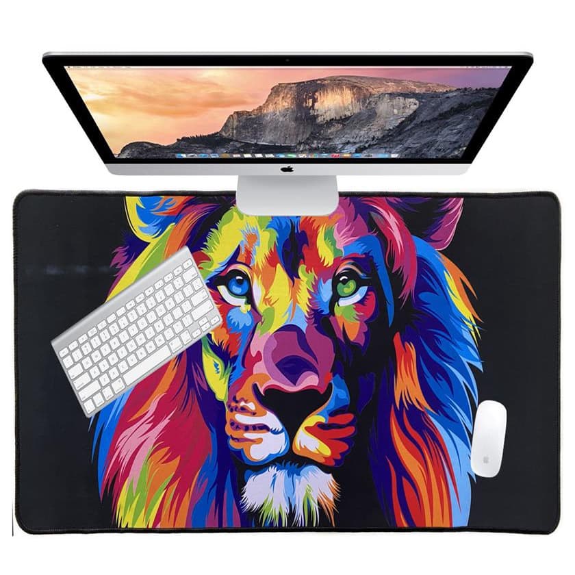 Mousepad Gamer Profissional Grande Com Estampa de Leao Colorido E Borda Costurada e Base em Borracha
