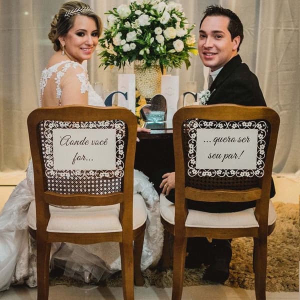 Placa das cadeiras dos noivos Par Perfeito - Recém Casados - Para Sempre - Sr Certo Sra Certa