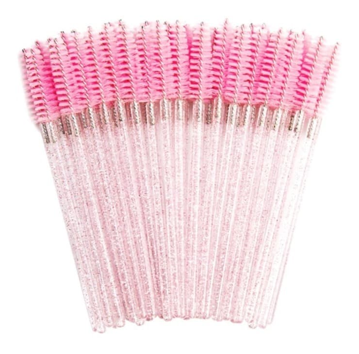 50 Escovinha Sobrancelha Alongamento Cilios Extensao Glitter Rosa Descartaveis
