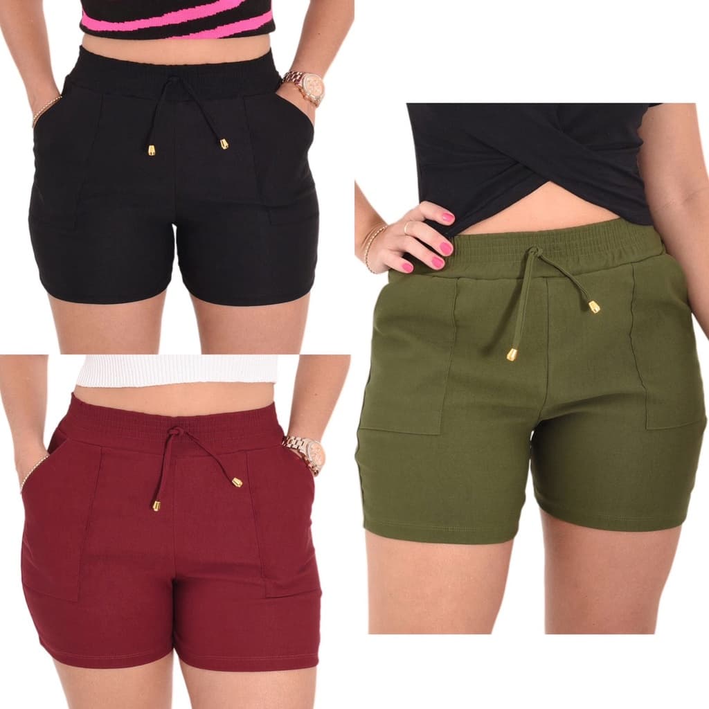 Kit 3 Shorts Feminino Curto Cintura Alta Moda Verão