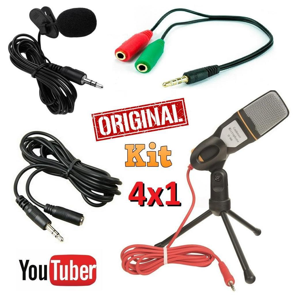 Kit 4x1 Microfone Lapela + Microfone Mesa Condensador Profissional Pc Celular Iphone Android Youtuber Vídeo + Extensão