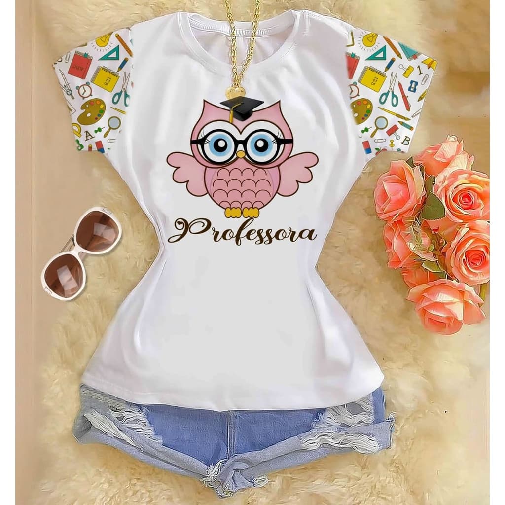 Tshirts feminina poliéster manga estampada - Professora - coruja