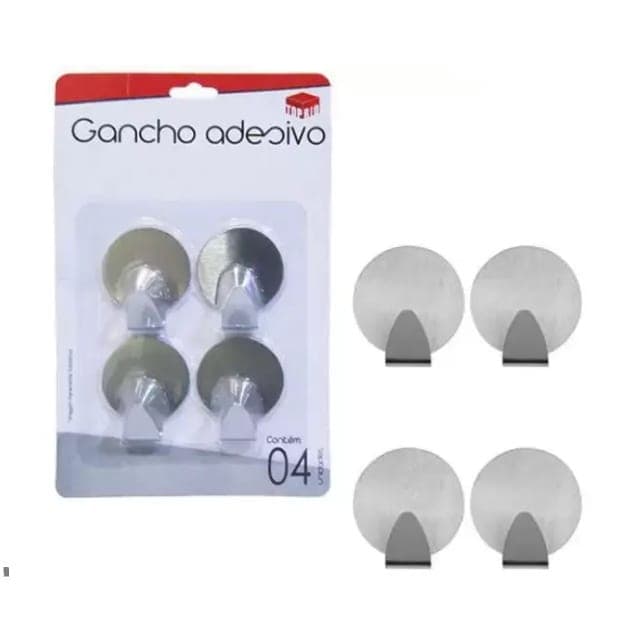 Gancho Adesivo de Metal Com 4 Unidades - Suporta Até 1kg Cada. Redondo ou Quadrado