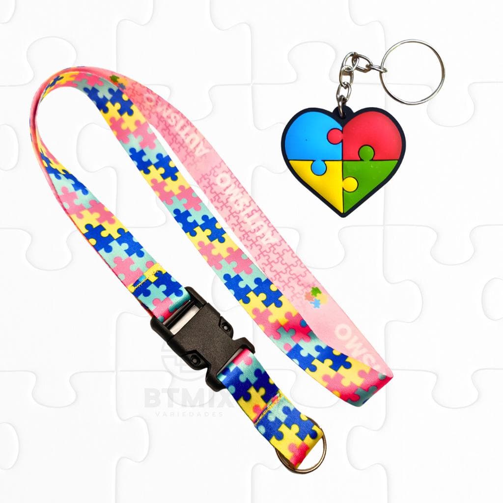 Kit Chaveiro Cordão Moto Pescoço Fecho Engate Rápido Crachá Autista/TEA Quebra Cabeça Rosa + Chaveiro Coração