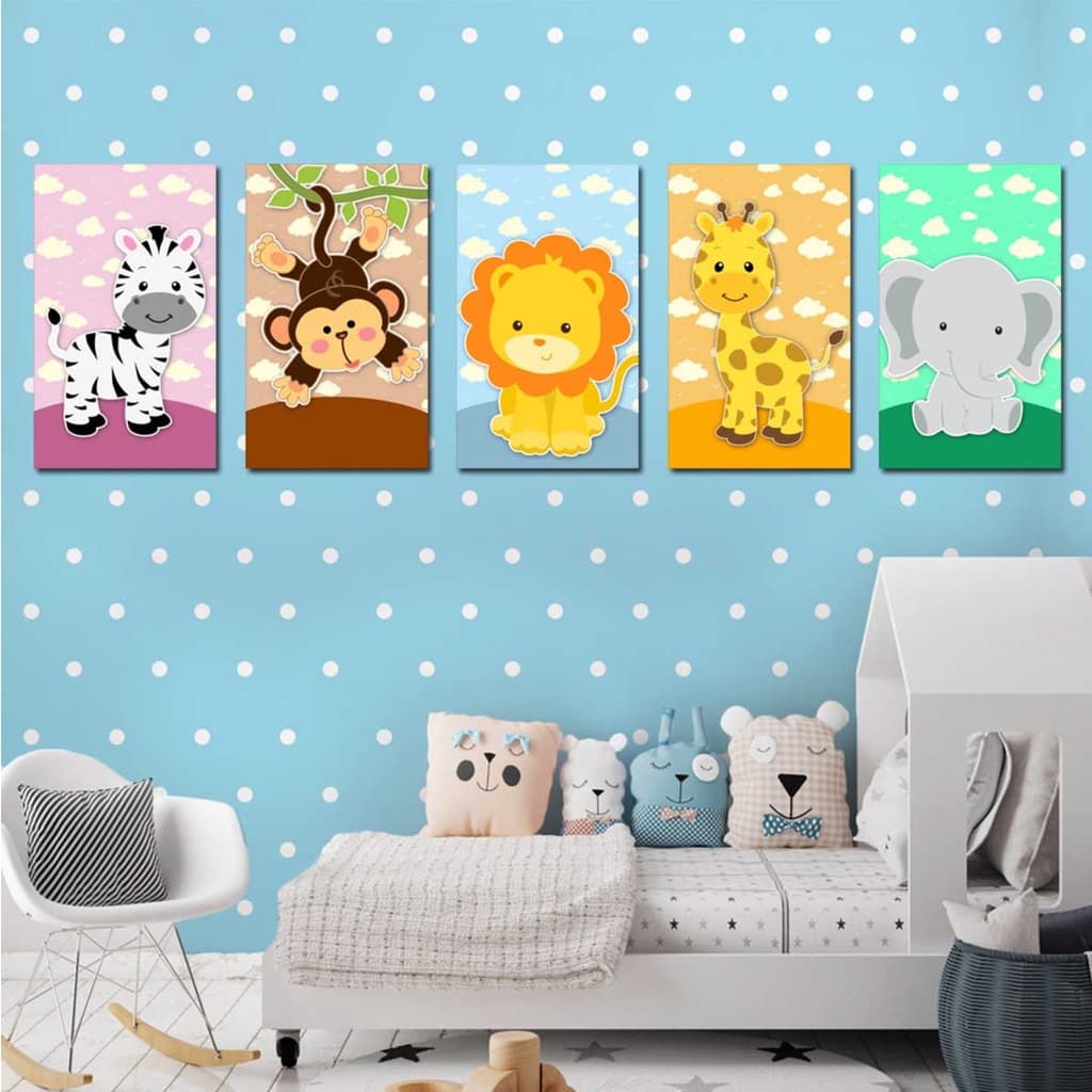 kit 5 quadros placas decorativas Quarto infantil  Animais