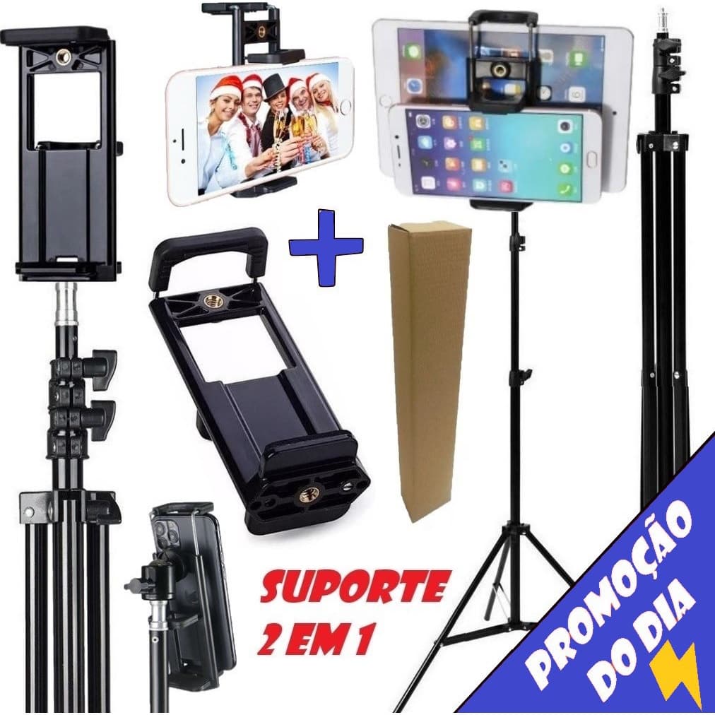 Tripé 2 Metros Suporte Apoio Encaixe Para Tablet IPad Celular Universal 2x1 Foto Selfie Youtuber Gravar Vídeos