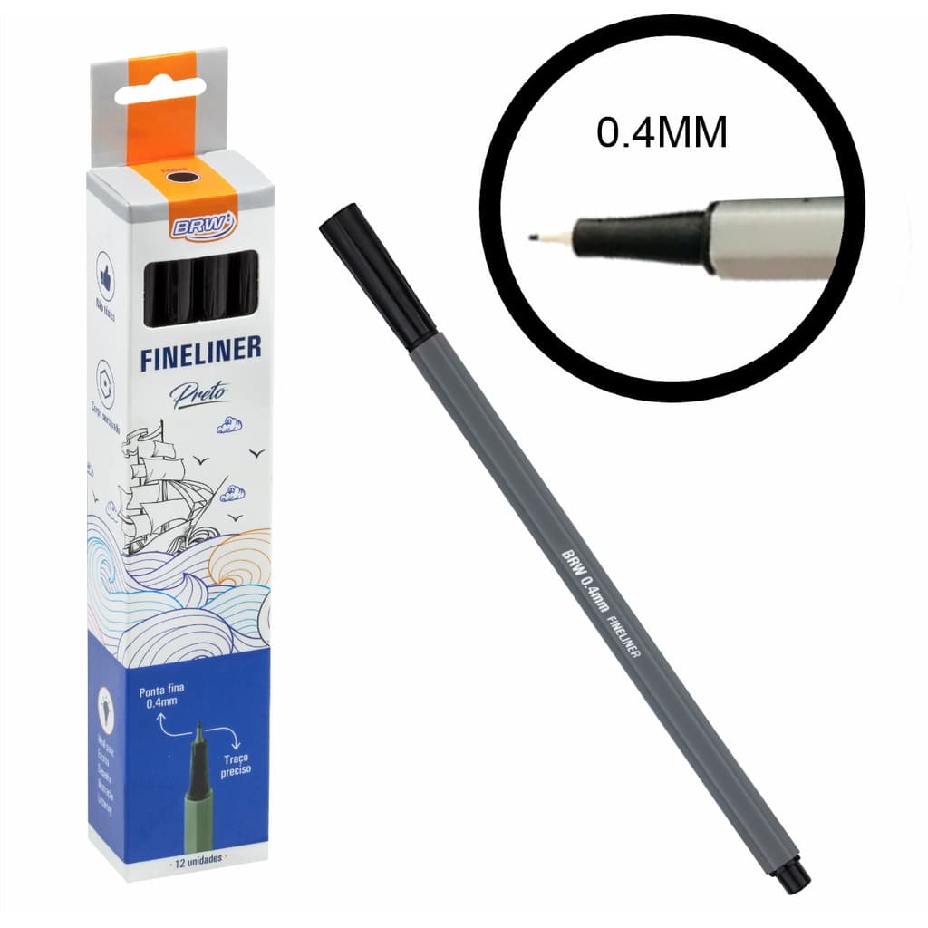 Caneta Ponta Fina Fine Liner  BRW Cor  Preta - 12 / 6 UNIDADES