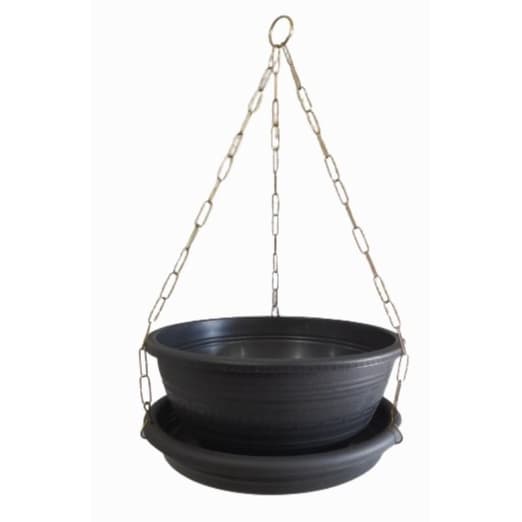 kit 5 vasos para plantas suspensas, pretos, grandes 31cm, 6,6L com pratos e correntes fixadas