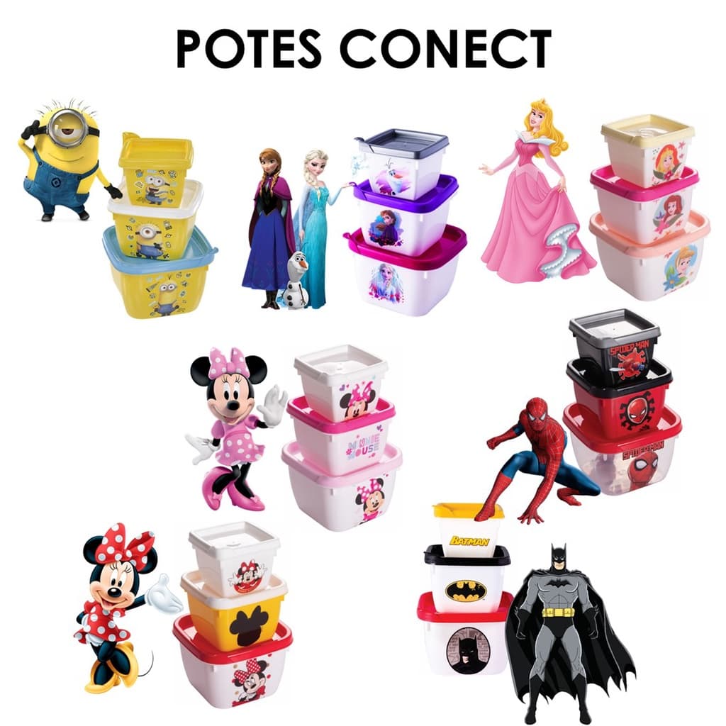 Kit 3 Potes Plásticos Conect Com Tampa Lancheira Escola Bebê Papinha Personagens Infantis