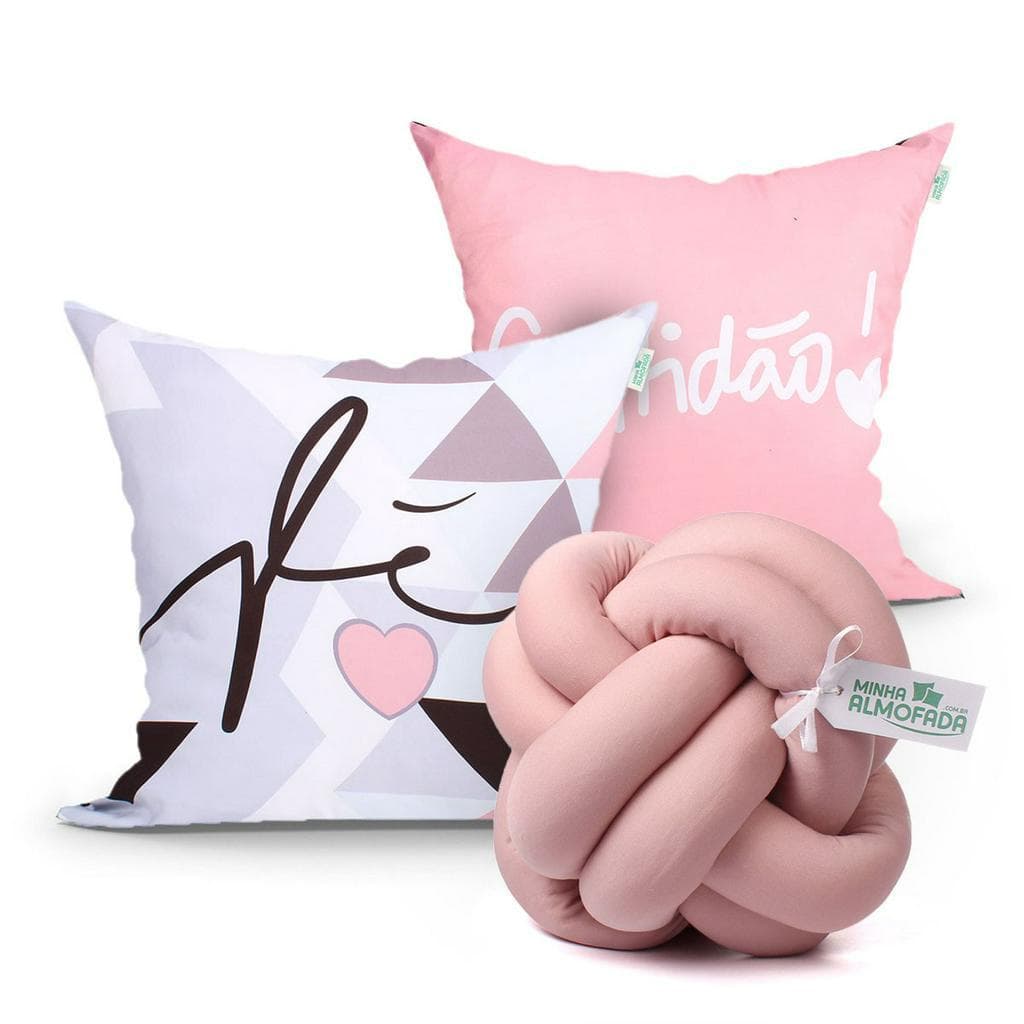 Almofada Fé e Gratidão Rosê 2 Unidades 45cm x 45cm com Enchimento de Silicone + Almofada Nó Escandinavo