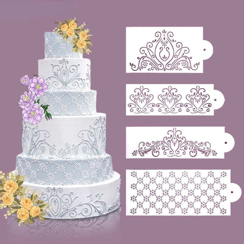 4Pcs SetsFondant Cake Mesh Stencil Selos De Gofragem Para Ferramenta De Decoração Biscoitos De Plástico Pintura De Desenho De Chocolate