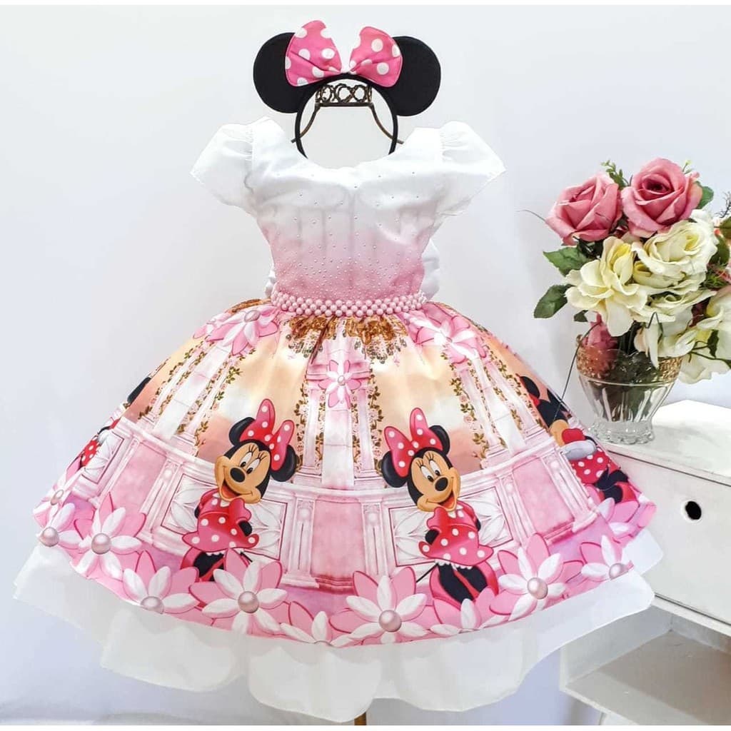 Vestido Infantil Minnie Rosa Festa Aniversario Com Tiara de Orelha.