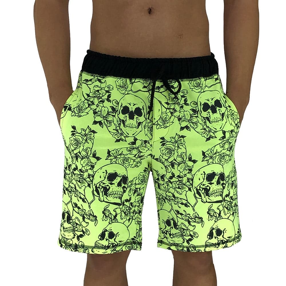 Bermuda Masculina Moletom MXD Conceito Verde Florescente Caveiras Com Roas Academias Bolso Lateral Varejo/Atacado