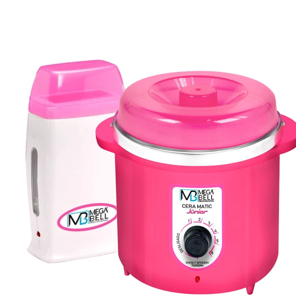 Kit Depilação Termocera 400gr Sem Refil Corpo Rosa + Aquecedor de Cera Roll-on Rosa Mega Bell