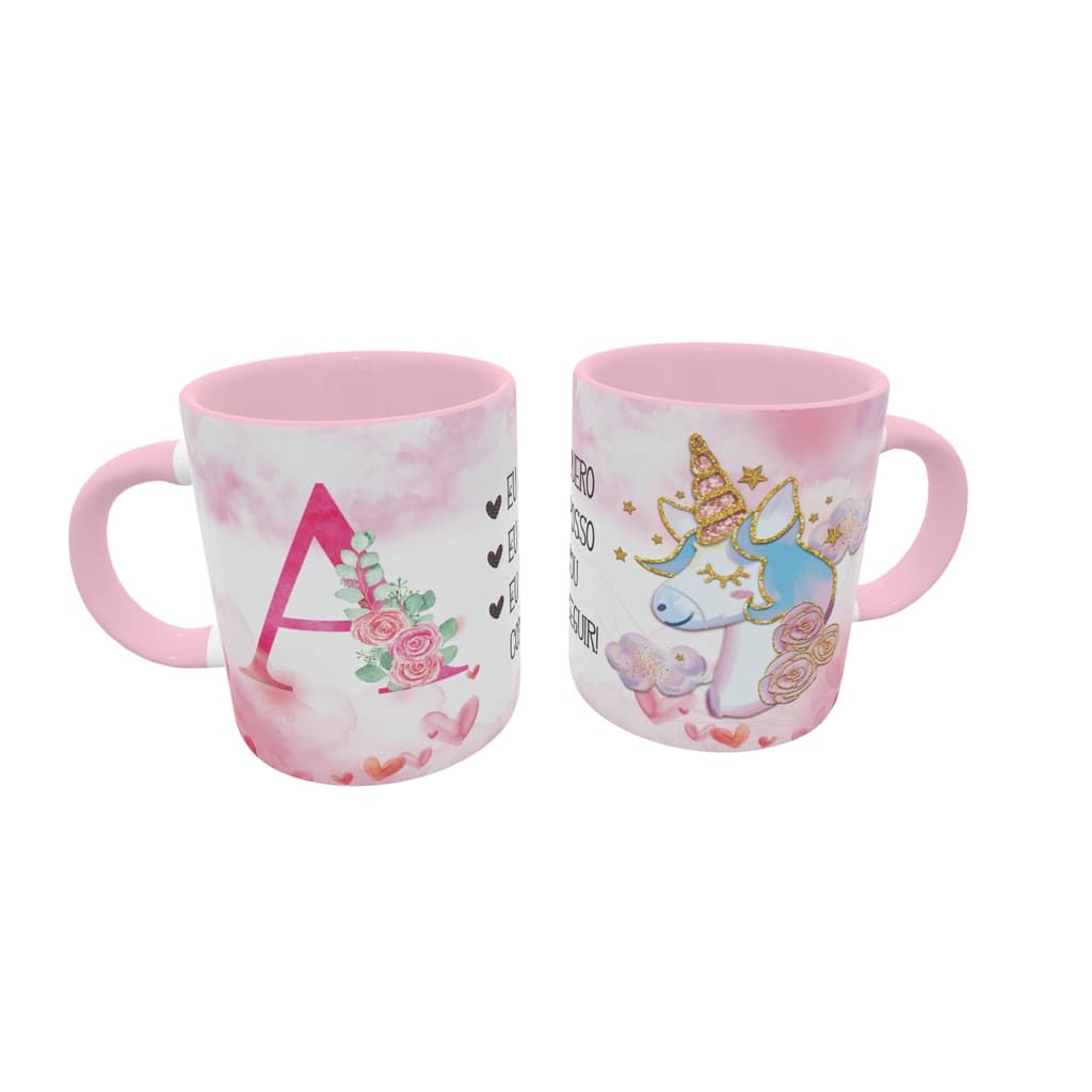 Caneca Porcelana Alça e Interior Colorida Personalizada com Nome Alfabeto Floral (vários temas)