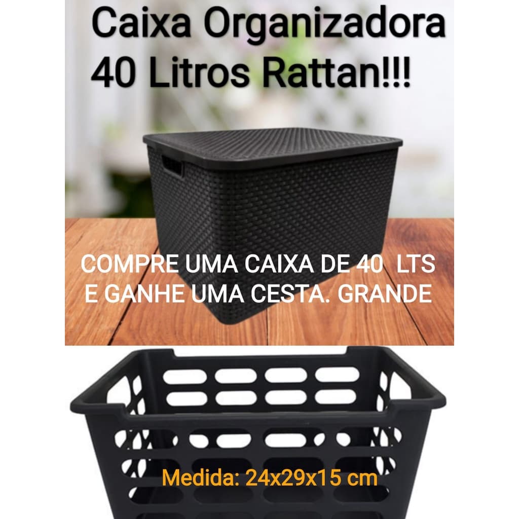 Caixa Cesto Organizadora Rattan Preta com tampa Medidas das caixas de 40 litros ideal para livros, remédios,roupas. Grande.  29x34,5x48,5