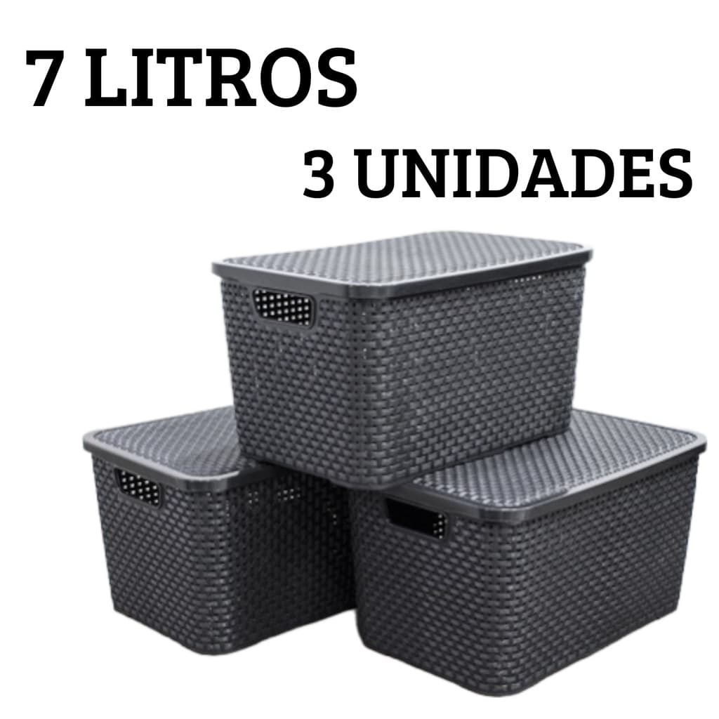 Kit 3 Caixas Organizadoras Cesto Multiuso Rattan 7 Litros Com Tampa Preto Empilhavel