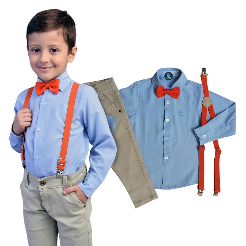 Conjunto Temático Do Blippi Camisa Azul Claro e Calça Bege Roupa Infantil Menino Promoção.