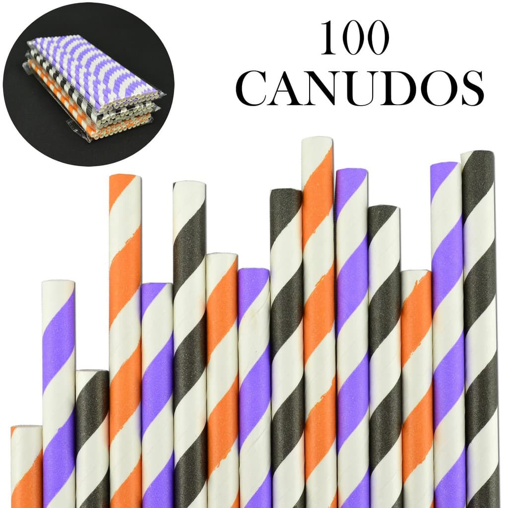 Canudos de Papel Biodegradável Listrados 100 Unidades CBRN10868