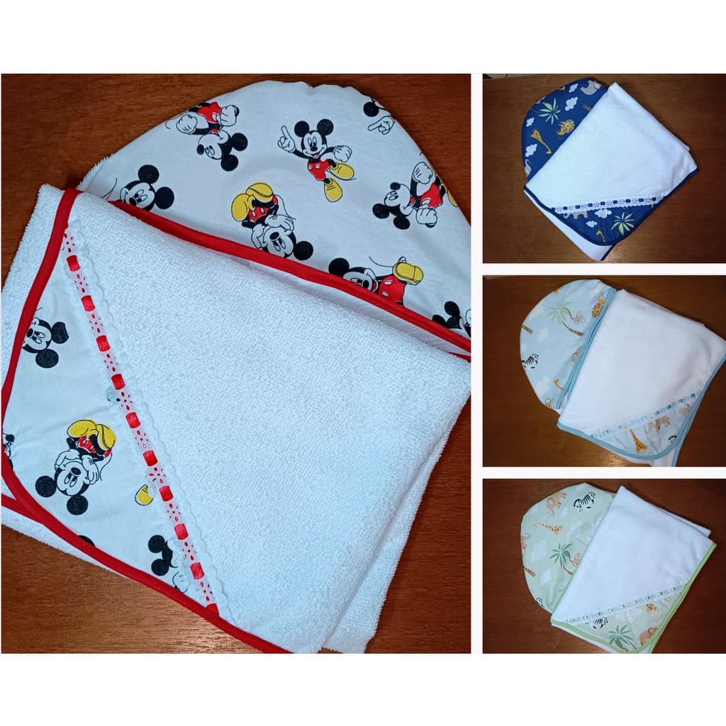 Toalha de Banho para Bebe com Fralda e Capuz 70x70 cm 100% Algodão Forrada