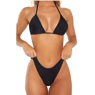 Biquíni Preto Feminino Marquinha Cortininha e Fio Dental Asa-Delta Neon