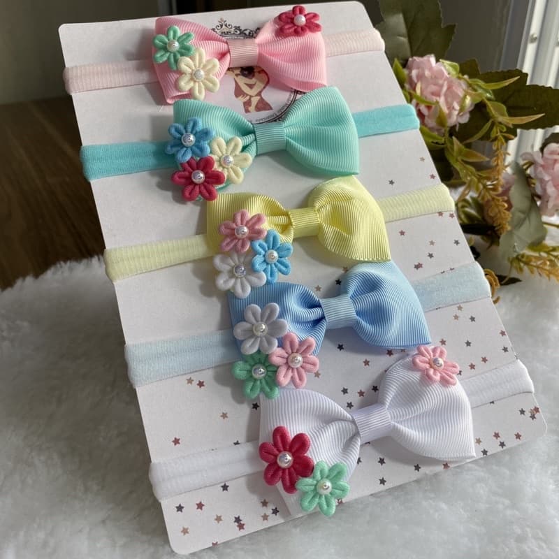 Acessório de Cabelo Bebê Menina Rn Infantil Kit com 5 Laços Gravatinha com Aplique de Flores na Meia de Seda Slim Confor