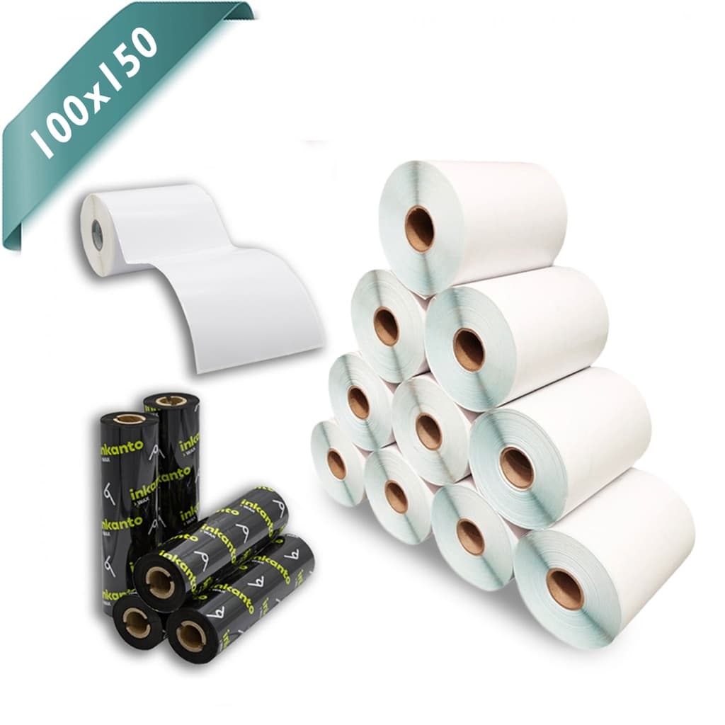 Kit 50 Rolos Etiqueta 10x15 100x150 Couche Serrilha + 25 Ribbons Cera 110x74 para E-Commerce 200 etq por Rolo