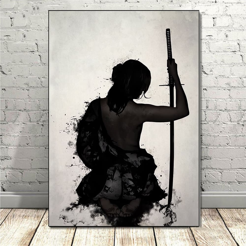 quadro 1 peça gueixa samurai black luxo decoração