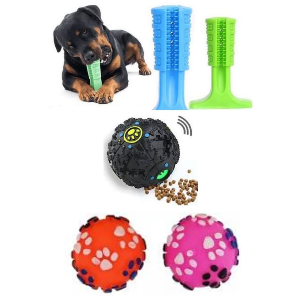 Kit 3 Brinquedo Cachorro e Gato Mordedor Bolinha Petisco + Bolinha Patinha + Mordedor Escovação Dental Para Pet Cãe Dog