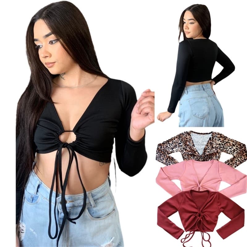 cropped feminino inverno manga longa sem bojo malha crepe moda blogueira