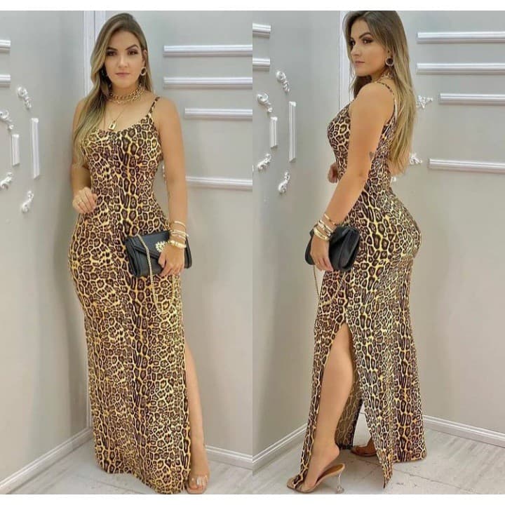 Vestido feminino tubinho longo com fenda lateral alçinha