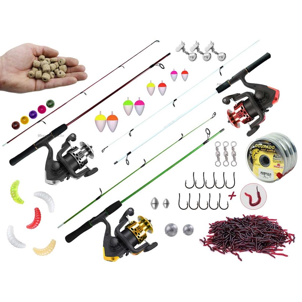 Kit de Pesca c/ 3 Varas Para Molinete 1,20m + 3 Molinetes + Acessórios (Ref. 95)