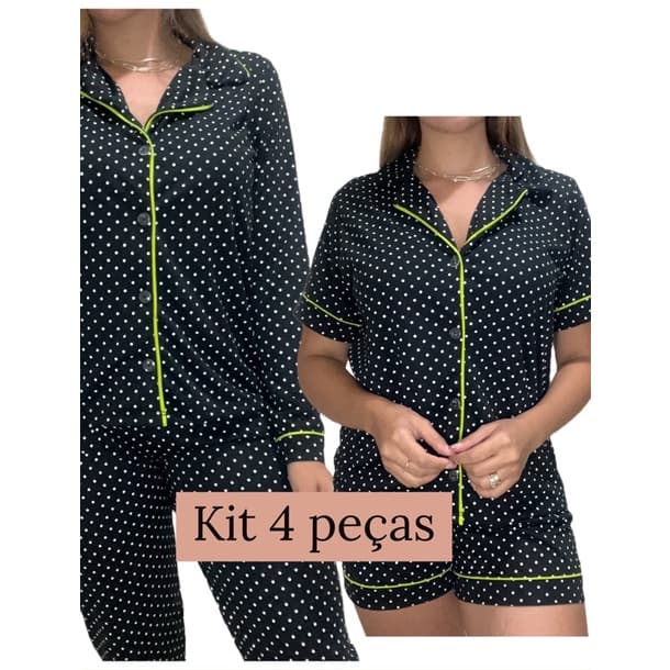 kit pijama blogueirinha 4 peças 4 formas de uso americano gestante amamentação pós cirúrgico poá