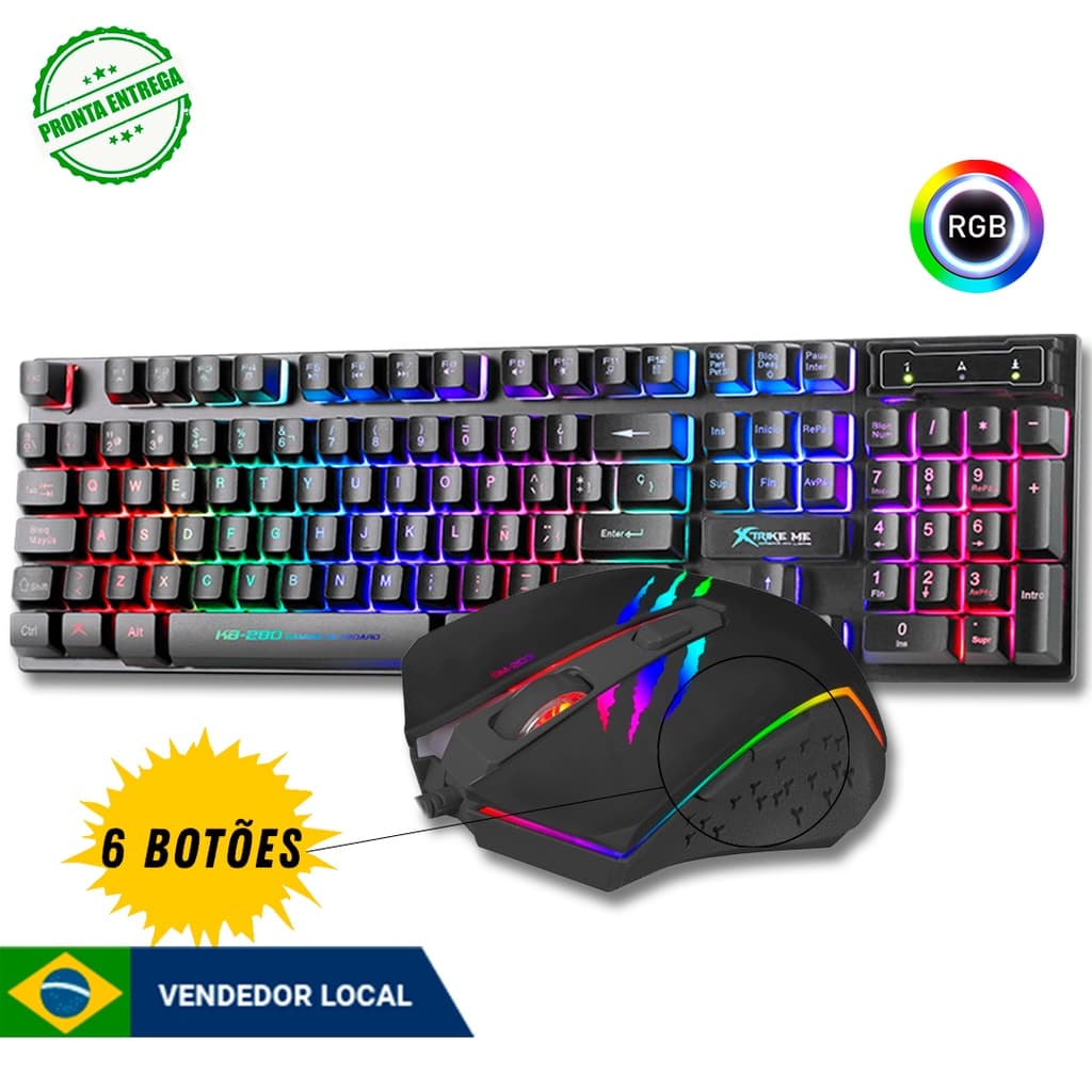 KIT Gamer Top de Linha - Teclado Semi Mecânico RGB x Mouse Gamer 6 Botões