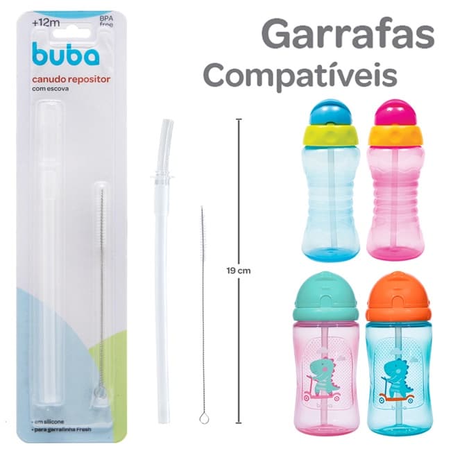 Kit Canudo Repositor e Escova Garrafa Freshe Garrafinha Garrafa Dino Buba 13785