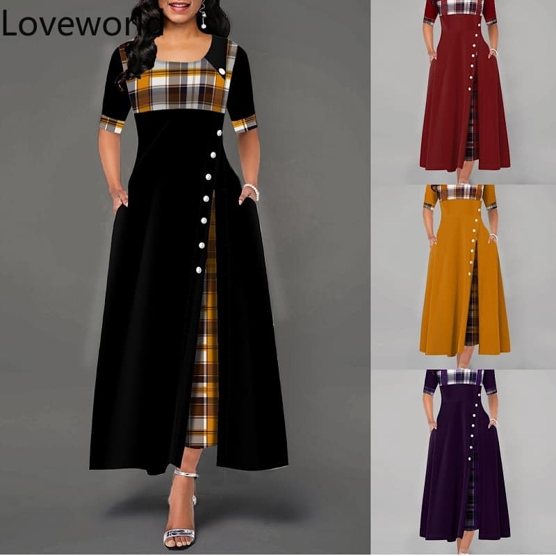 Vestido Xadrez Com Botão De Meia Manga De Pescoço De Primavera Longo Feminino Maxi Irregular