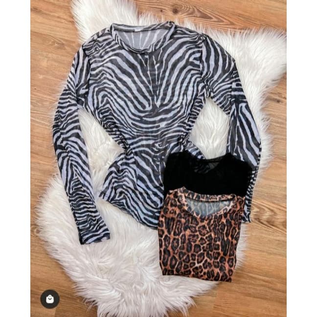 Body Tule Feminino Manga Longa Transparente Bori Tuli Preto E Zebra