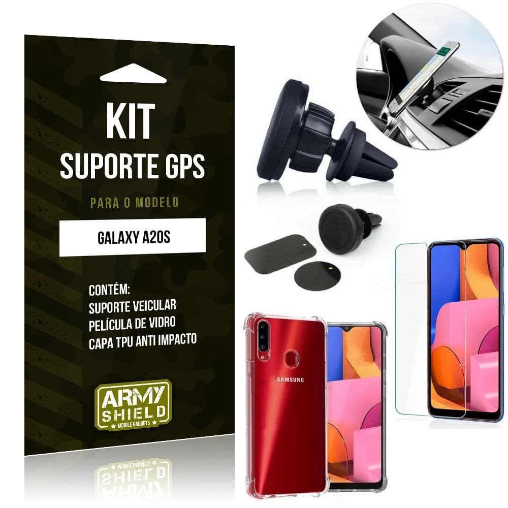 Kit Suporte Veicular Magnético Galaxy A20S Suporte +Capinha Anti Impact +Película Vidro - Armyshield