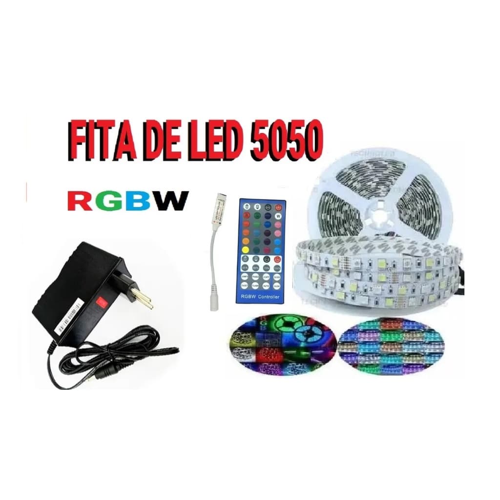 Fita Led 5050 RGBW Colorida + Branco Frio 5 metros IP20 Sem Silicone + Controle 40 teclas + Fonte Bivolt