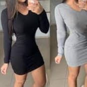 Vestido feminino manga longa gola rasa curto canelado