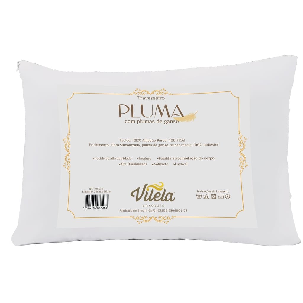 Travesseiro Pluma 70cm x 50cm Tecido Percal 400 Fios 100% Algodão Com Pluma De Ganso