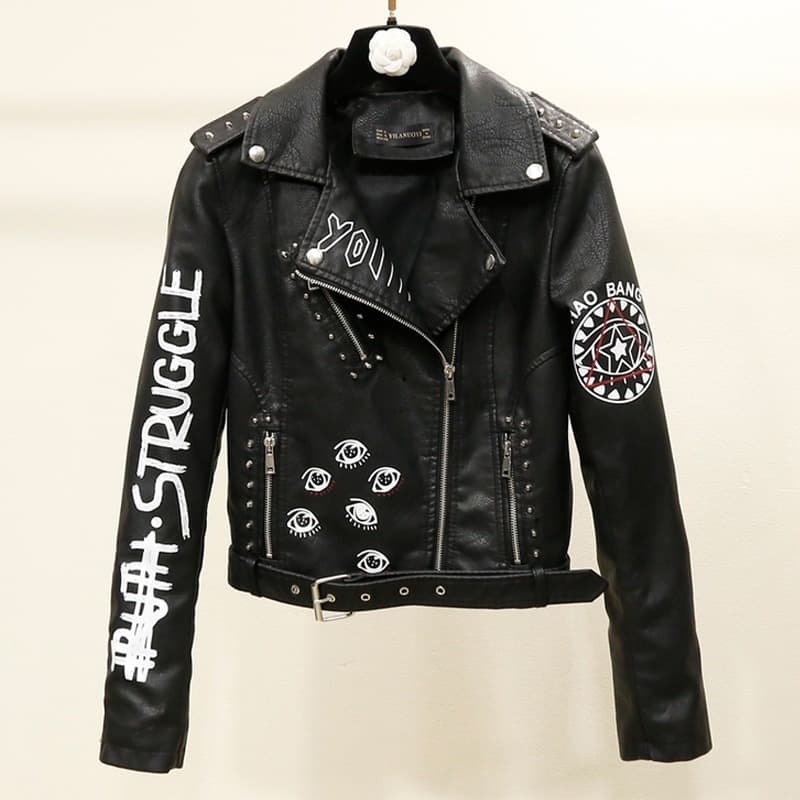 New Outono Mulheres Jaqueta De Couro Falso Feminino Rebites Letras Imprimir Motociclista Casaco Curto Das Do Punk Outwear