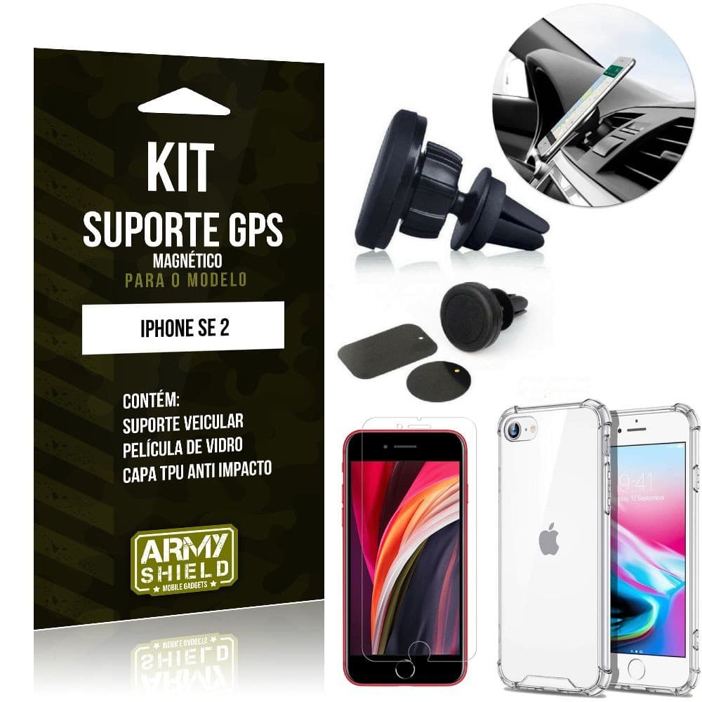 Kit Suporte Veicular Magnético iPhone SE 2020 Suporte +Capinha Anti Impacto +Película Vidro - Armyshield