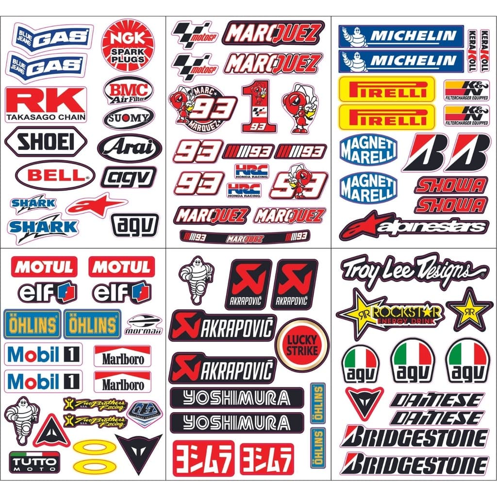 89 adesivos Patrocinios moto bike capacete kit c/ 6 cartelas
