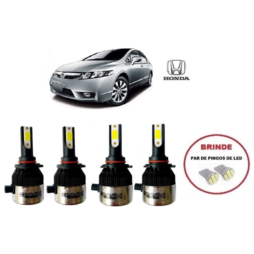 Kit 4 Lampadas Super Led para Farol Alto E Baixo Modelo HB3 E HB4 com 6000k e 8000 lumens para Honda Civic ano 2007 2008 2009 2010 2011