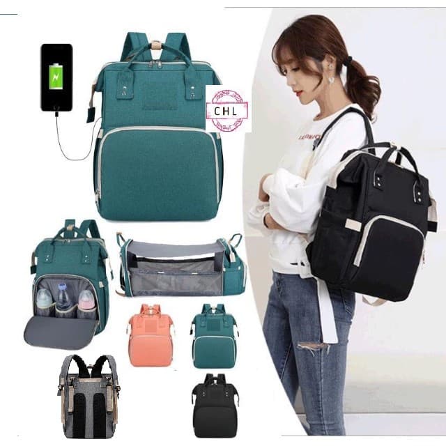 Mochila Maternidade Térmica Impermeável Com USB Vira Berço Dobrável e Trocador - 8287