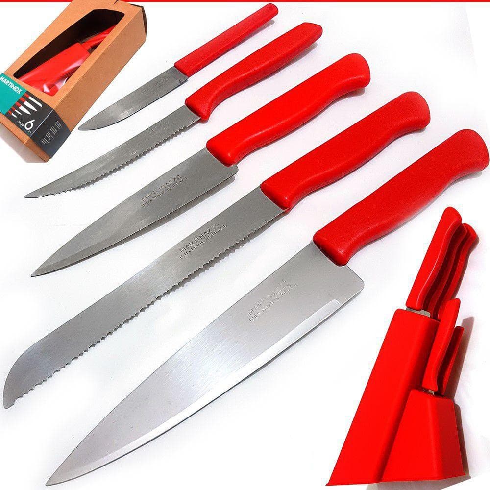Conjunto de facas 06 peças com cepo colorido, cozinha, churrasco, facas